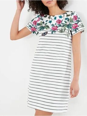 Joules Cream Botanical Riviera Printed Jersey Short Sleeve Dress
